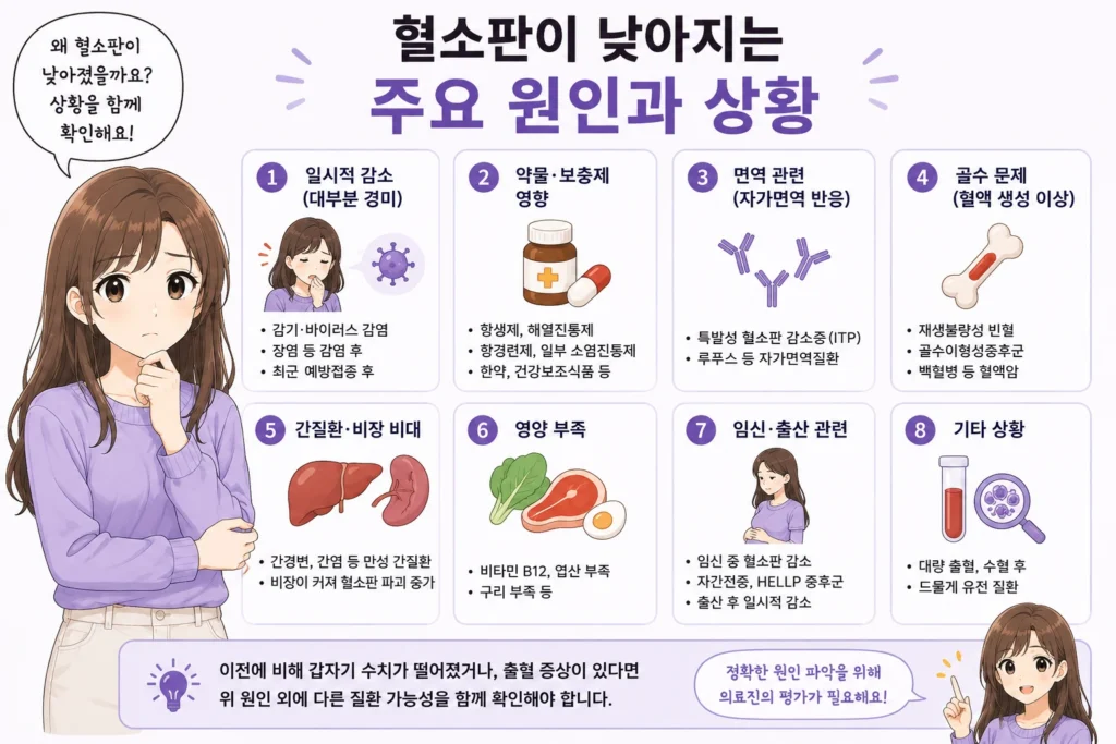 혈소판이 낮아지는 주요 원인으로 감염, 약물 영향, 면역 반응, 골수 문제, 간·비장 질환, 영양 부족, 임신·출산 관련 변화 등을 보여주는 일본애니풍 여성 캐릭터 인포그래픽