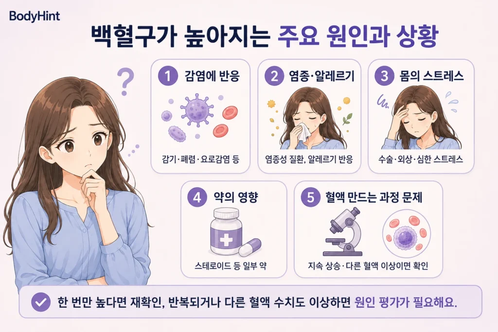 백혈구가 높아지는 주요 원인으로 감염, 염증·알레르기, 신체적 스트레스, 약의 영향, 혈액세포 생성 문제를 보여주는 일본애니풍 여성 캐릭터 인포그래픽