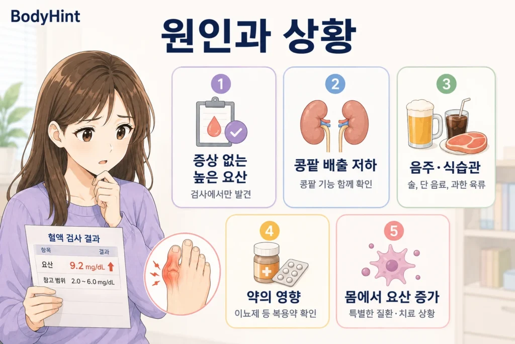 요산 수치가 높아지는 주요 원인으로 증상 없는 고요산혈증, 콩팥의 요산 배출 저하, 음주·식습관, 약의 영향, 몸에서 요산 생성이 증가하는 상황을 보여주는 여성 인포그래픽
