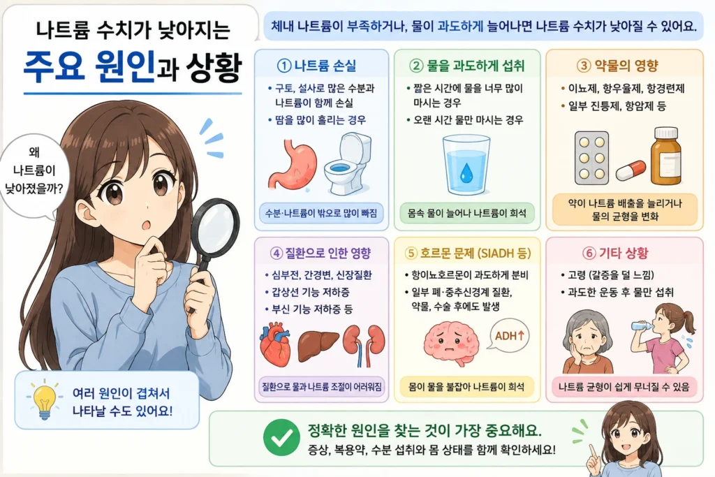 나트륨 수치가 낮아지는 주요 원인으로 구토·설사에 따른 나트륨 손실, 과도한 수분 섭취, 약물 영향, 심장·간·콩팥 질환, 항이뇨호르몬 문제 등을 보여주는 여성 인포그래픽