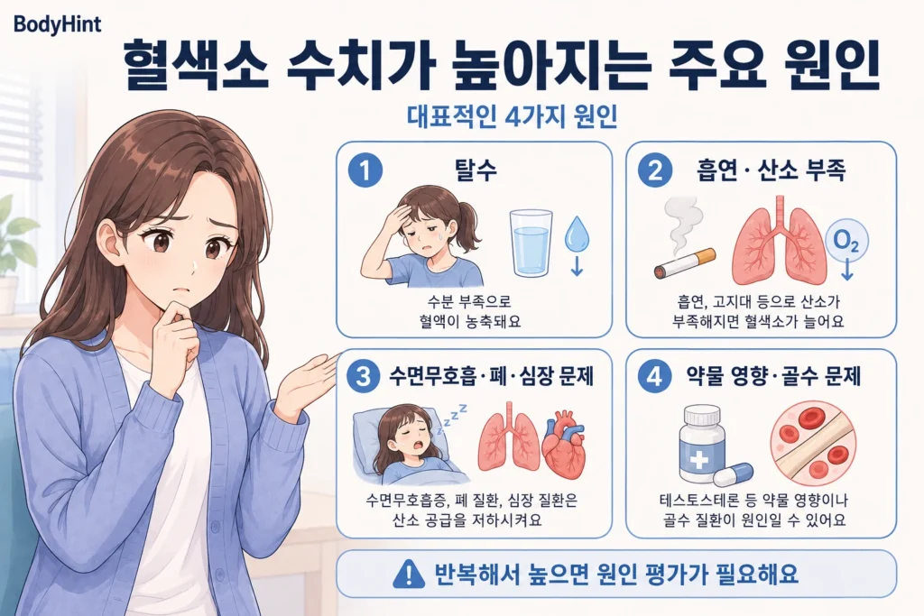 혈색소 수치가 높아지는 주요 원인으로 탈수, 흡연·산소 부족, 수면무호흡·폐·심장 문제, 약물 영향과 골수 문제를 보여주는 여성 인포그래픽