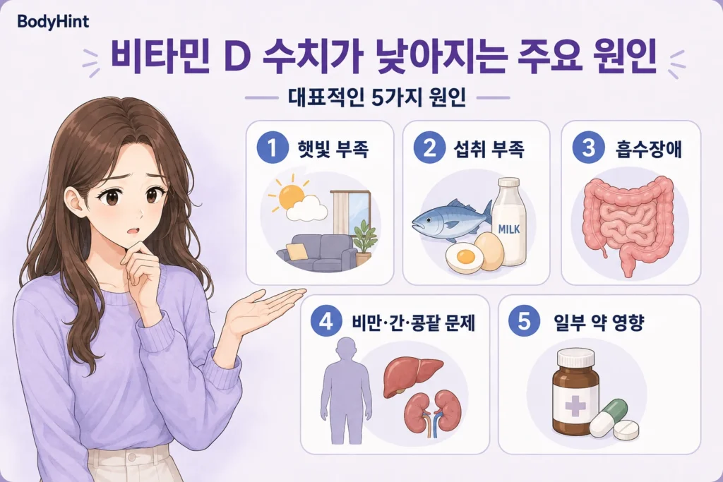 비타민 D 수치가 낮아지는 주요 원인으로 햇빛 부족, 섭취 부족, 흡수장애, 비만·간·콩팥 문제, 일부 약의 영향을 보여주는 여성 인포그래픽