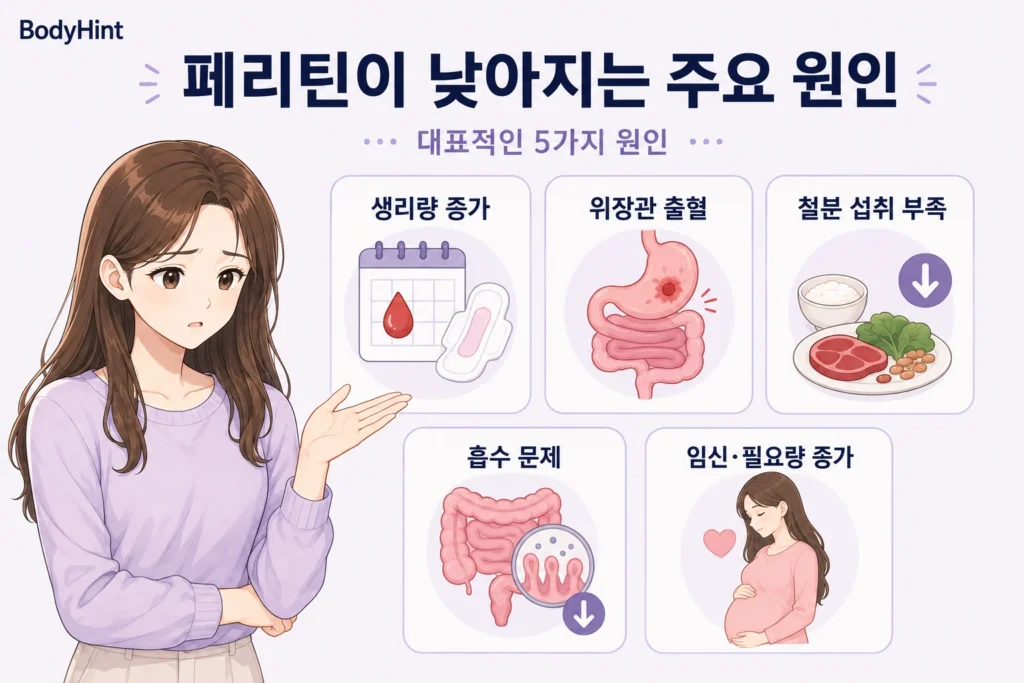 페리틴이 낮아지는 주요 원인으로 생리량 증가, 위장관 출혈, 철분 섭취 부족, 철분 흡수 문제, 임신으로 인한 필요량 증가를 보여주는 여성 인포그래픽