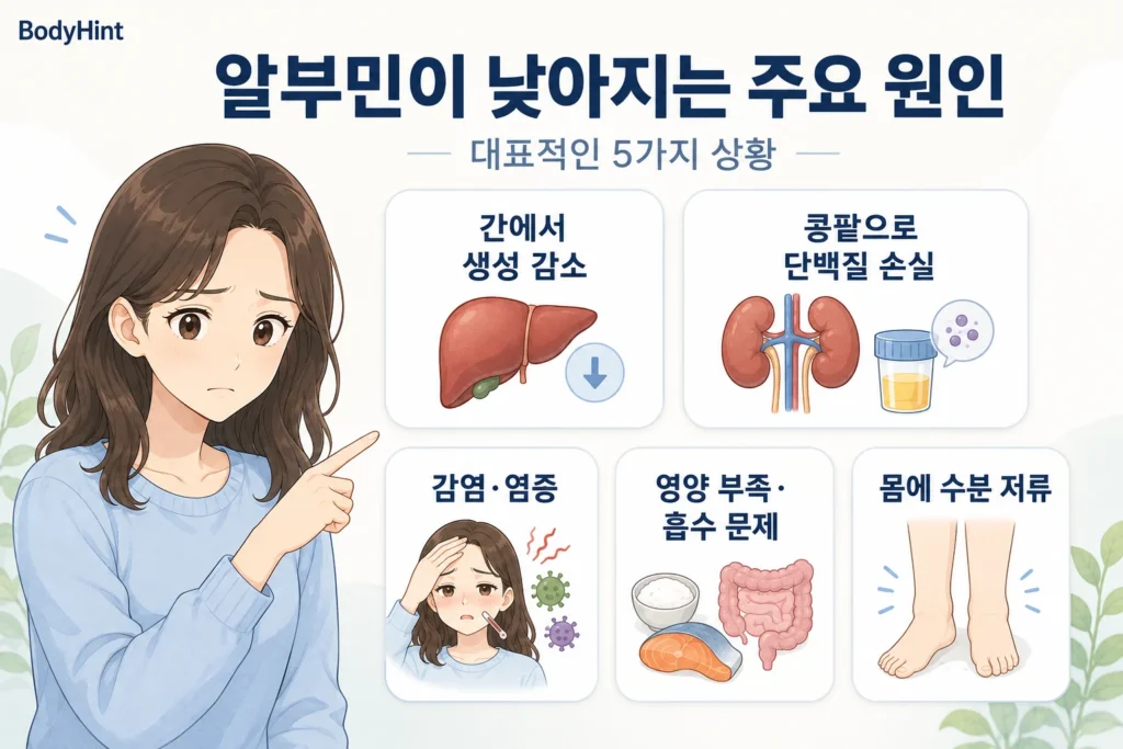 알부민 수치가 낮아지는 주요 원인으로 간의 알부민 생성 감소, 콩팥을 통한 단백질 손실, 감염·염증, 영양 부족·흡수 문제, 몸의 수분 저류를 보여주는 여성 인포그래픽