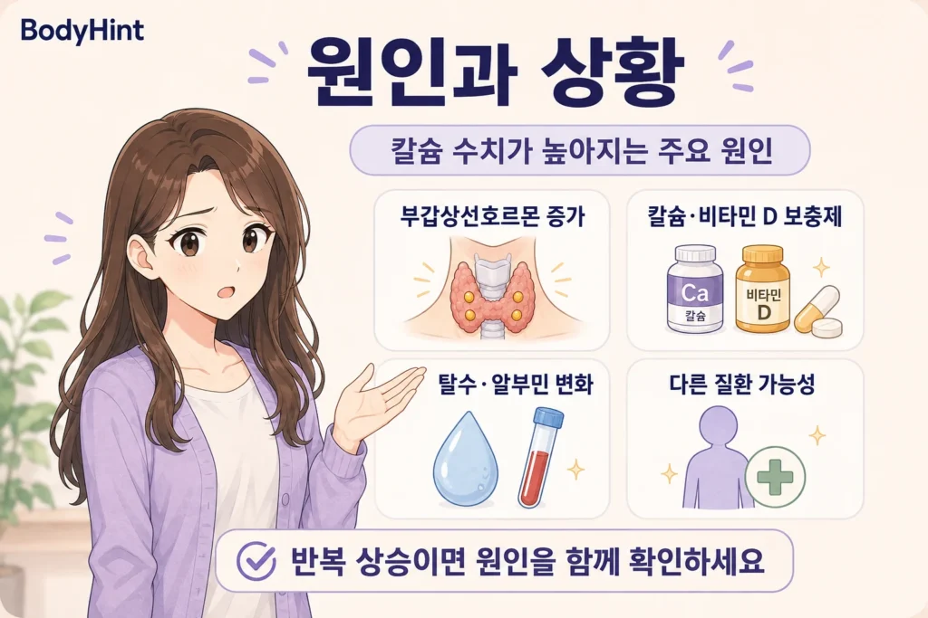 칼슘 수치가 높아지는 주요 원인으로 부갑상선호르몬 증가, 칼슘·비타민 D 보충제, 탈수·알부민 변화, 다른 질환 가능성을 보여주는 여성 인포그래픽