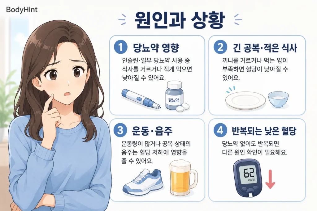 혈당이 낮아질 수 있는 당뇨약 영향, 긴 공복·적은 식사, 운동·음주, 반복되는 낮은 혈당의 네 가지 원인과 상황을 정리한 이미지