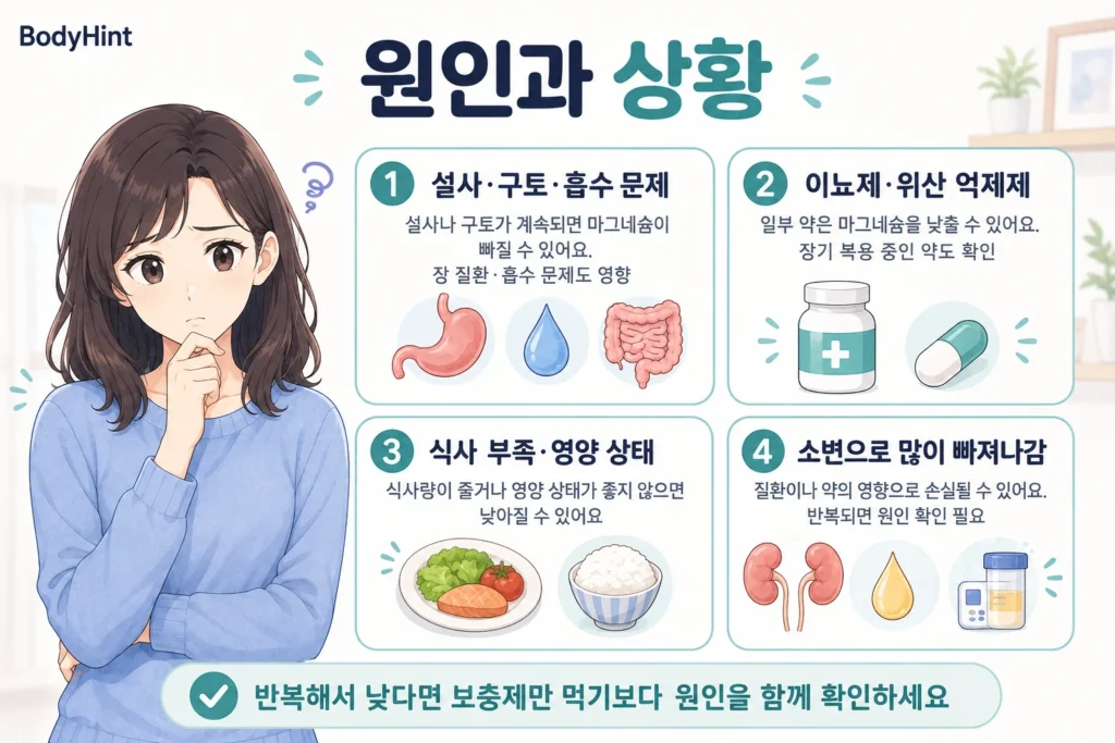 마그네슘 수치가 낮아지는 설사·구토·흡수 문제, 이뇨제·위산 억제제, 식사 부족·영양 상태, 소변으로 많이 빠져나가는 상황을 정리한 이미지