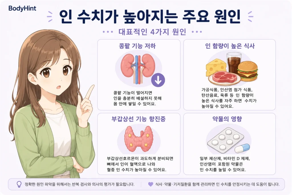 인 수치가 높아지는 콩팥 기능 저하, 인 함량이 높은 식사, 부갑상선 기능 변화, 약물 영향을 대표캐릭터와 함께 정리한 이미지