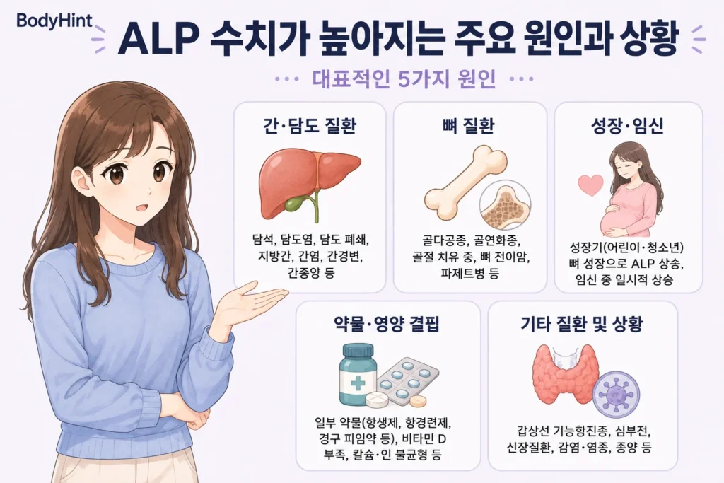 ALP 수치가 높아지는 간·담도 질환, 뼈 질환, 성장·임신, 약물·영양 결핍, 기타 질환과 상황을 파란 니트 여성 캐릭터와 함께 정리한 이미지