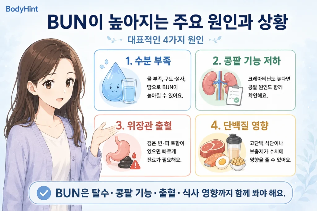 요소질소(BUN) 수치가 높아지는 수분 부족, 콩팥 기능 저하, 위장관 출혈, 고단백 식단·단백질 보충제 영향을 대표캐릭터와 함께 정리한 이미지