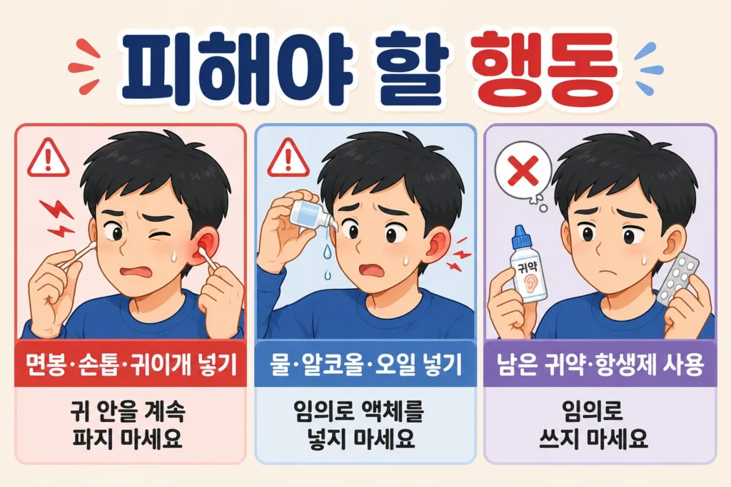 귀가 아플 때 면봉·손톱·귀이개로 귀 안을 파거나 물·알코올·오일을 임의로 넣고 남은 귀약이나 항생제를 사용하지 말아야 함을 대표 남성 캐릭터로 보여주는 3컷 이미지
