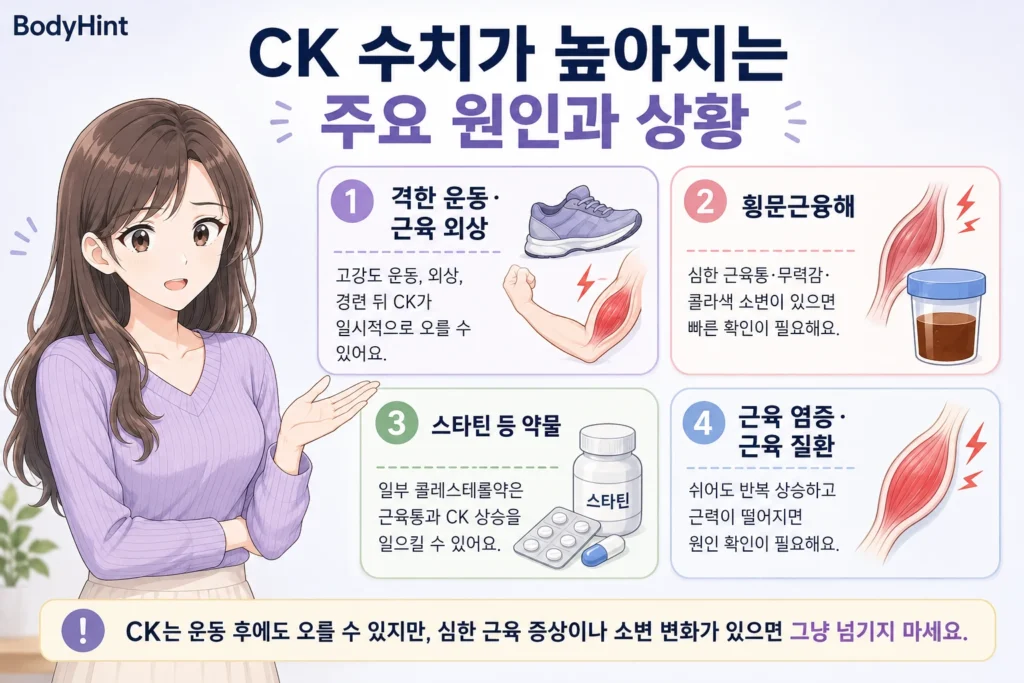 CK 수치가 높아지는 격한 운동·근육 외상, 횡문근융해, 스타틴 등 약물, 근육 염증·근육 질환을 보라색 니트 여성 캐릭터와 함께 정리한 이미지