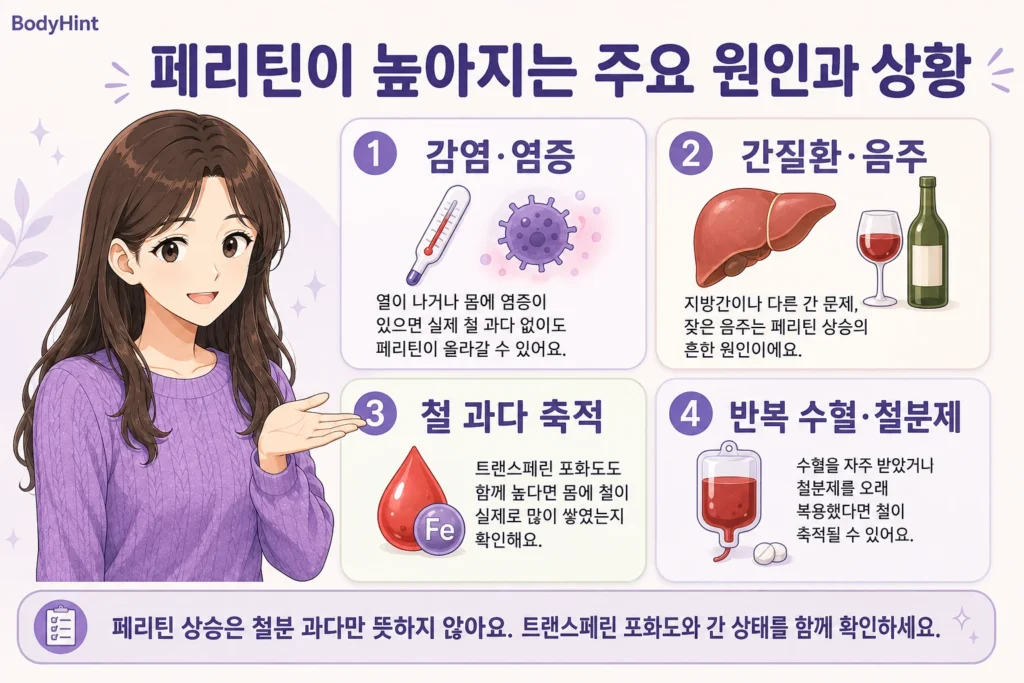 페리틴이 높아지는 감염·염증, 간질환·음주, 실제 철 과다 축적, 반복 수혈·철분제 복용의 주요 원인을 보라색 니트 여성 캐릭터와 함께 정리한 이미지
