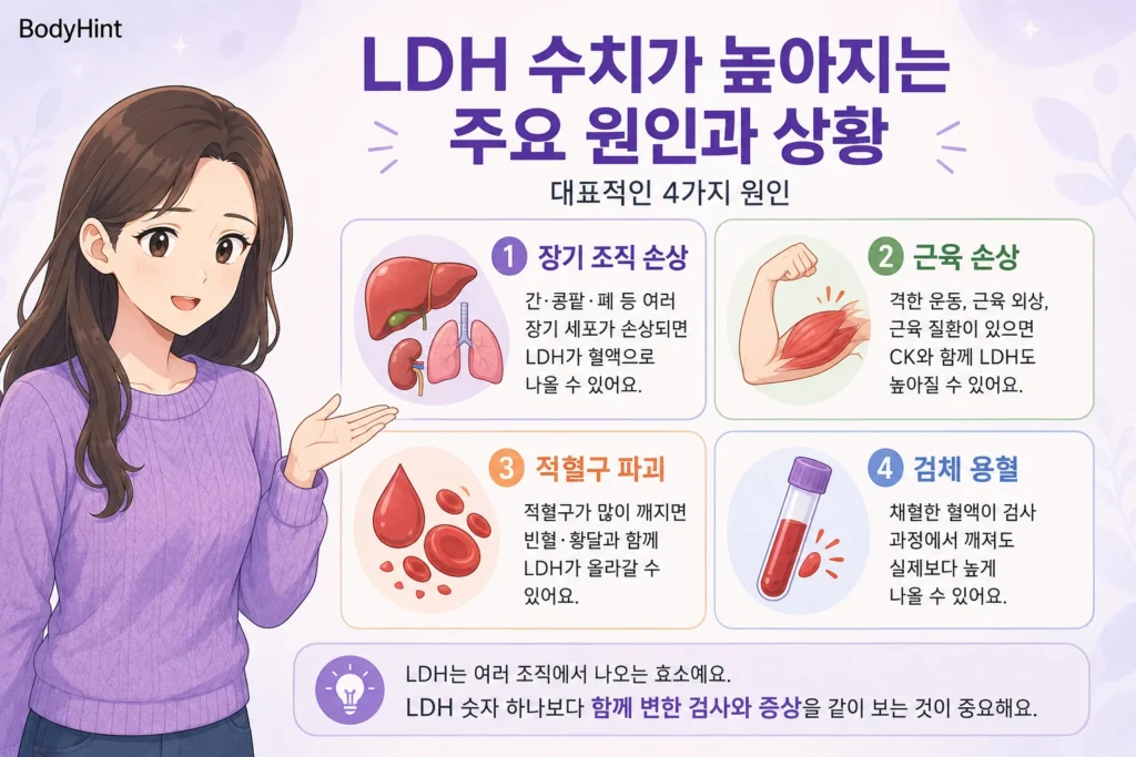 LDH 수치가 높아지는 장기 조직 손상, 근육 손상, 적혈구 파괴, 검체 용혈의 주요 원인을 보라색 니트 여성 캐릭터와 함께 정리한 이미지