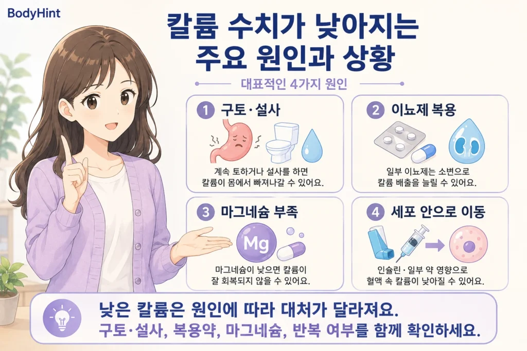 칼륨 수치가 낮아지는 구토·설사, 이뇨제 복용, 마그네슘 부족, 인슐린·일부 약 영향으로 칼륨이 세포 안으로 이동하는 상황을 대표캐릭터와 함께 정리한 이미지