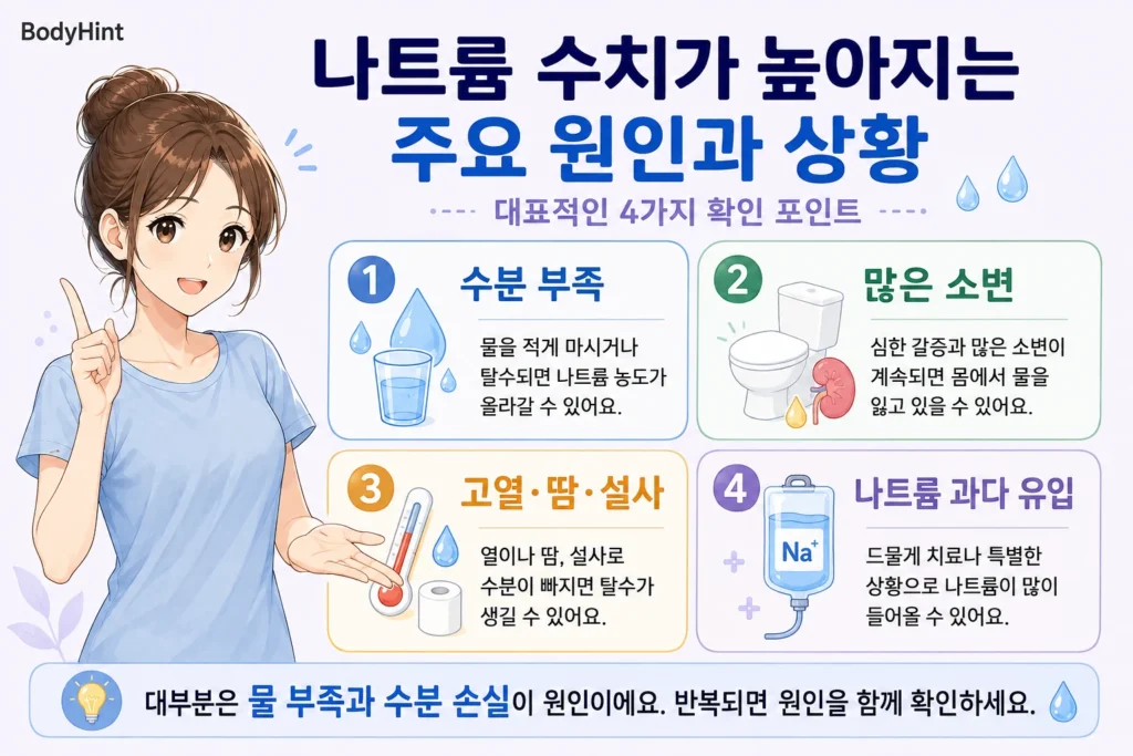 나트륨 수치가 높아지는 수분 부족, 많은 소변, 고열·땀·설사로 인한 수분 손실, 나트륨 과다 유입의 주요 원인을 파란 반팔·올림머리 여성 캐릭터와 함께 정리한 이미지