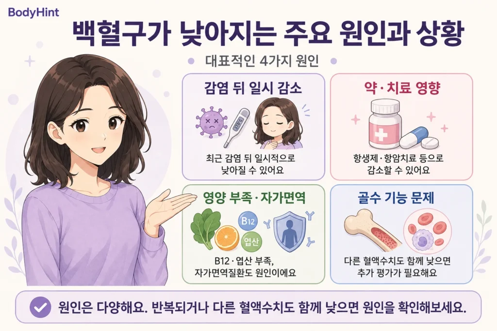 백혈구가 낮아지는 주요 원인인 최근 감염 후 일시적 감소, 약·치료 영향, 비타민 B12·엽산 부족과 자가면역질환, 골수 기능 문제를 대표캐릭터와 함께 정리한 이미지