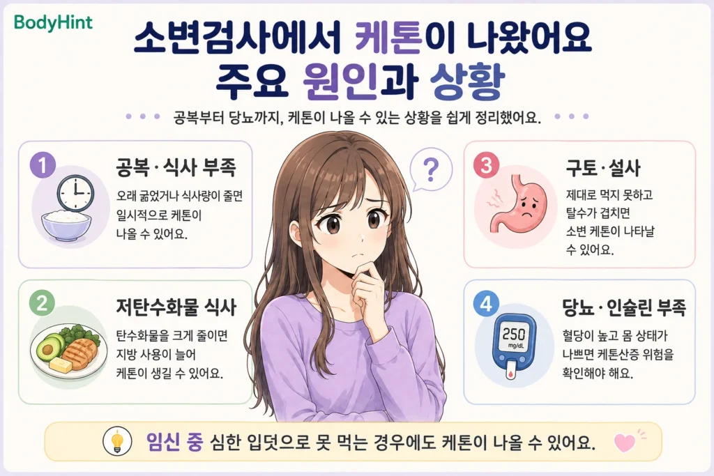 소변검사에서 케톤이 나오는 주요 원인인 공복·식사 부족, 저탄수화물 식사, 구토·설사, 당뇨와 인슐린 부족, 임신 중 심한 입덧을 대표캐릭터와 함께 정리한 안내 이미지