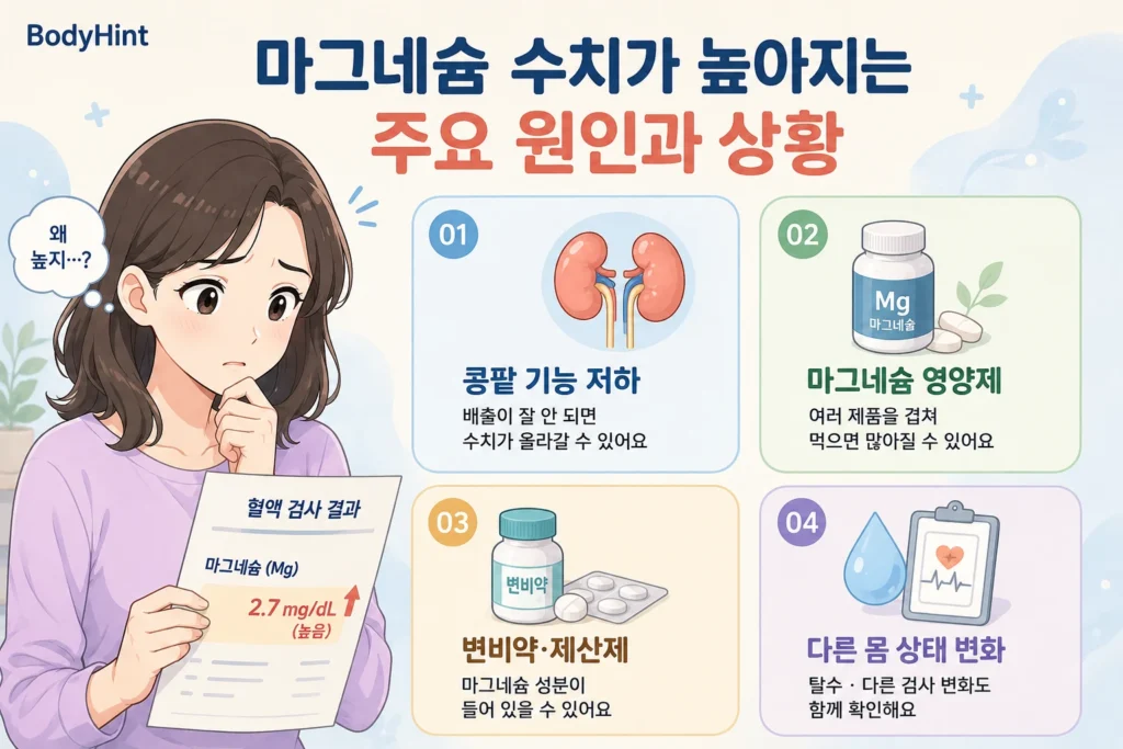 마그네슘 수치가 높아지는 주요 원인인 콩팥 기능 저하, 마그네슘 영양제, 변비약·제산제, 다른 몸 상태 변화를 대표캐릭터와 함께 정리한 안내 이미지