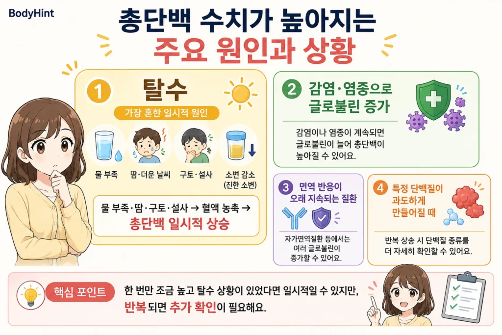 총단백 수치가 높아지는 주요 원인인 탈수, 감염·염증으로 인한 글로불린 증가, 오래 지속되는 면역 반응, 특정 단백질 증가를 대표캐릭터와 함께 정리한 안내 이미지