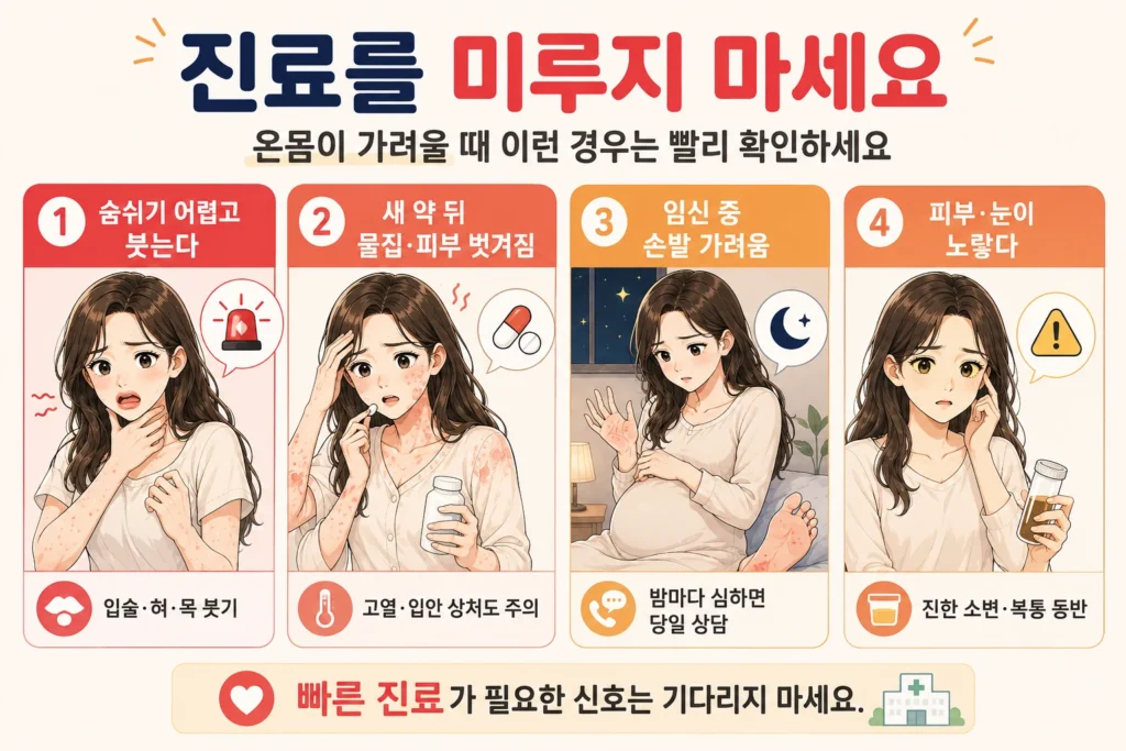 온몸 가려움과 함께 입술·혀·목이 붓고 숨쉬기 어려운 경우, 새 약 뒤 물집·피부 벗겨짐·고열이 생긴 경우, 임신 중 손발 가려움이 밤에 심한 경우, 피부와 눈이 노랗고 진한 소변·복통이 동반되는 경우를 대표 여성 캐릭터로 보여주는 이미지