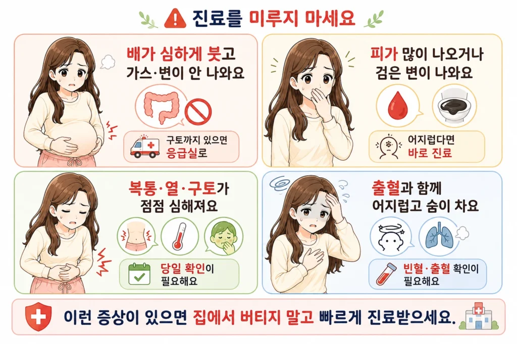 가는 변과 함께 배가 심하게 붓고 가스와 변이 나오지 않는 경우, 많은 혈변이나 검은 변이 나오는 경우, 복통·열·구토가 심해지는 경우, 출혈과 함께 어지럼·숨참이 나타나는 경우를 대표 여성 캐릭터로 보여주는 이미지