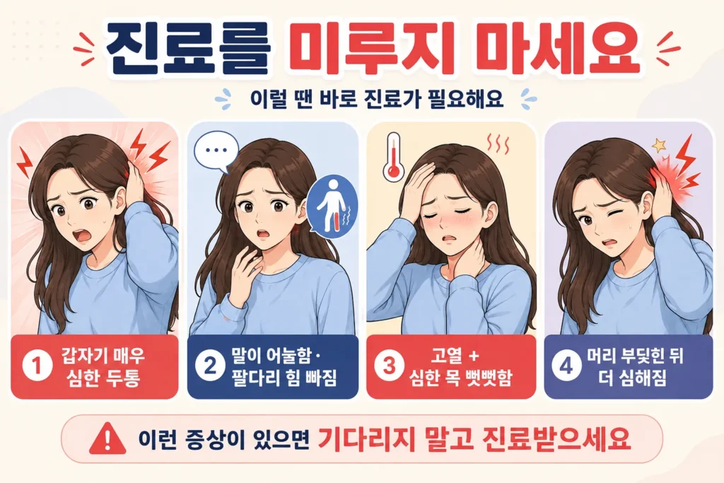 뒤통수 통증과 함께 갑작스러운 심한 두통, 말 어눌함과 팔다리 힘 빠짐, 고열과 심한 목 뻣뻣함, 머리 부딪힌 뒤 악화가 나타날 때 진료를 미루지 말아야 하는 상황을 여성 캐릭터로 설명한 이미지