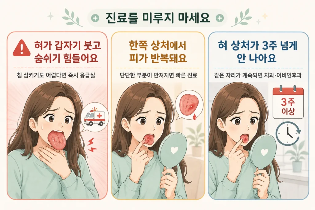 혀가 갑자기 붓고 삼키기 어려운 경우, 한쪽 상처에서 출혈과 단단한 부분이 반복되는 경우, 혀 상처가 3주 넘게 낫지 않는 경우 진료를 미루지 말아야 한다는 내용을 여성 캐릭터로 설명한 이미지