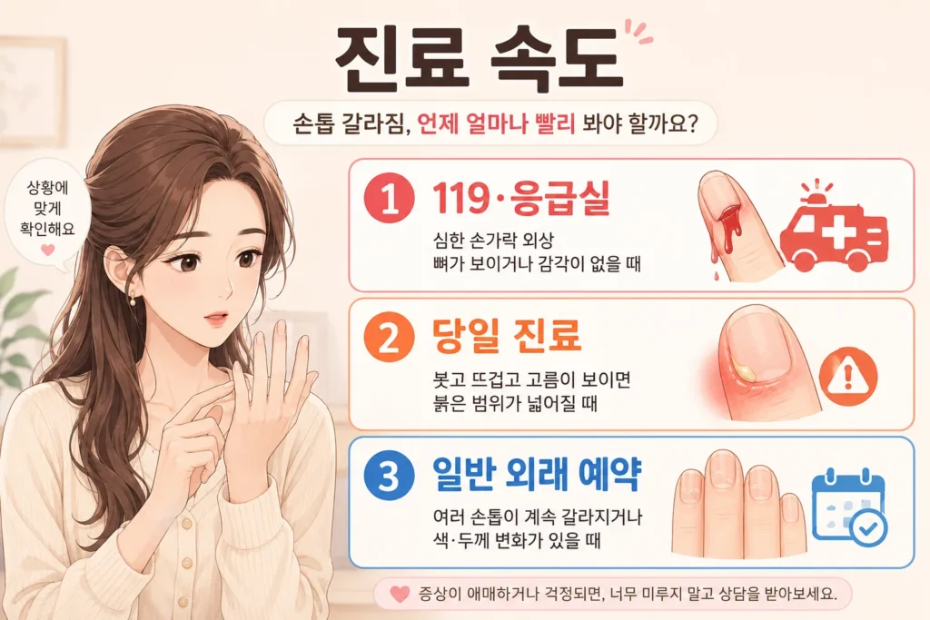 긴 갈색 머리를 반묶음한 여성이 손톱을 살펴보는 모습과 심한 외상 시 응급실, 붓고 고름이 보일 때 당일 진료, 반복되는 손톱 변화의 외래 예약 기준