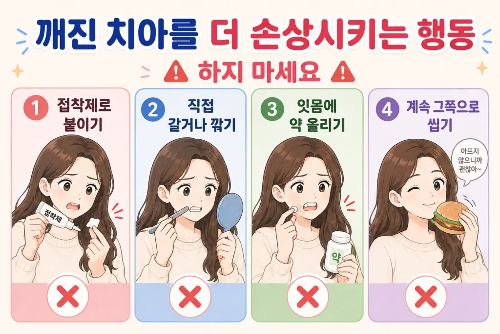 긴 갈색 머리 여성이 깨진 치아에 접착제를 사용하거나 직접 갈고, 잇몸에 약을 올리거나 계속 같은 쪽으로 씹는 피해야 할 행동