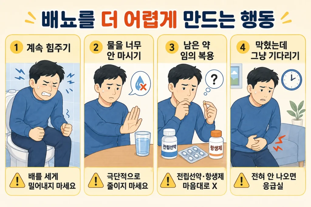 짧은 검은 머리 남성이 배뇨를 어렵게 만드는 계속 힘주기, 물을 지나치게 줄이기, 남은 전립선약·항생제 임의 복용, 소변이 막힌 채 기다리는 행동을 보여주는 안내