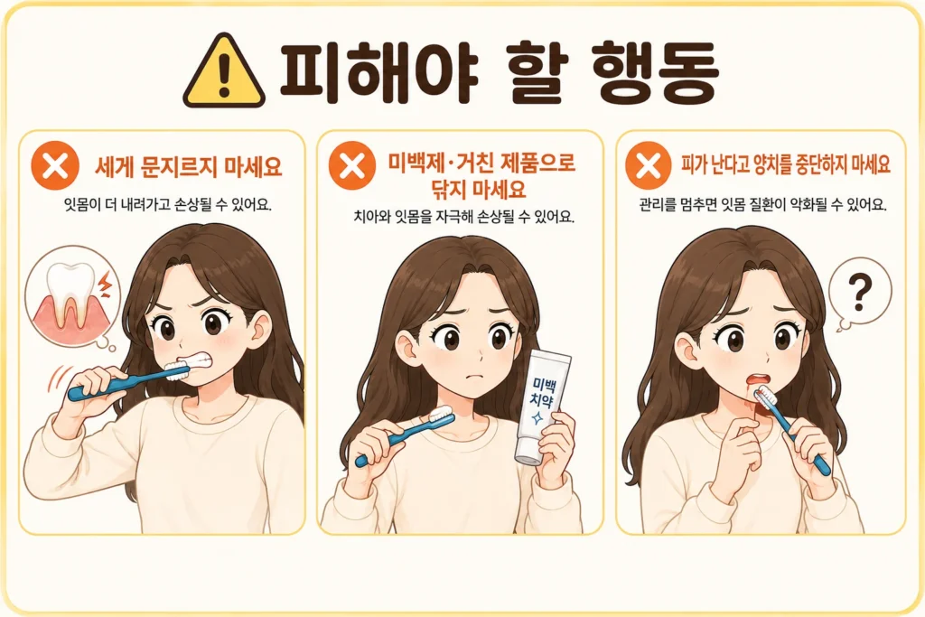 잇몸이 내려갔을 때 세게 문지르거나 미백제·거친 제품으로 닦지 말고, 피가 난다는 이유로 양치를 중단하지 말아야 한다는 피해야 할 행동 3가지 이미지
