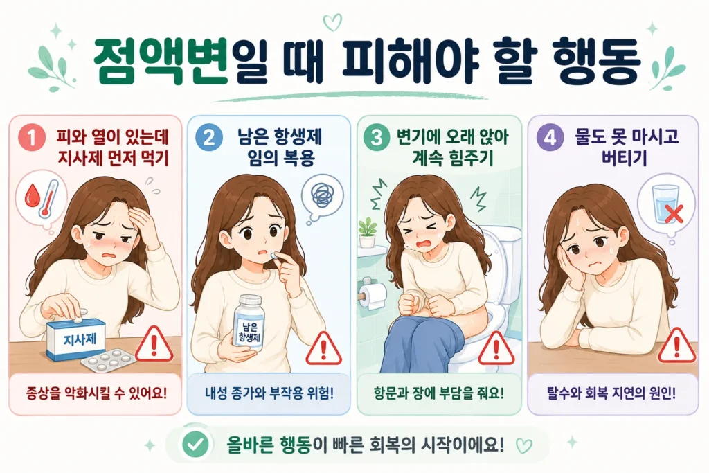 긴 갈색 머리 여성이 점액변이 있을 때 피와 열이 있는데 지사제를 먼저 먹거나, 남은 항생제를 임의로 복용하고, 변기에 오래 앉아 힘주거나 물을 못 마신 채 버티는 피해야 할 행동