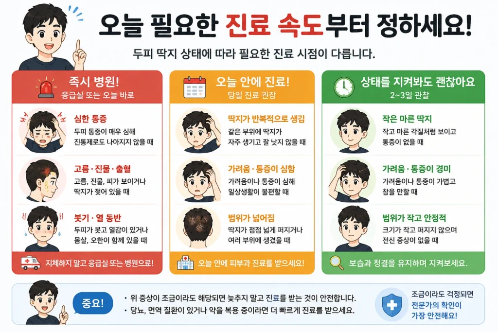 짧은 검은 머리의 남성이 두피 딱지 상태에 따라 심한 통증·고름·붓기·열이 있으면 즉시 진료받고, 반복되거나 범위가 넓어지면 당일 피부과 진료를 받으며, 작고 마른 딱지는 2~3일 관찰할 수 있음을 확인하는 안내 이미지