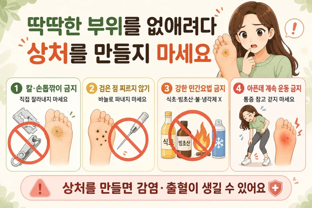 긴 갈색 머리의 여성 대표캐릭터와 함께 발바닥의 딱딱한 부위를 칼·손톱깎이로 자르거나 검은 점을 바늘로 찌르지 않고, 식초·빙초산·불·냉각제 같은 강한 민간요법과 통증을 참고 계속 운동하는 행동을 피하도록 안내하는 이미지