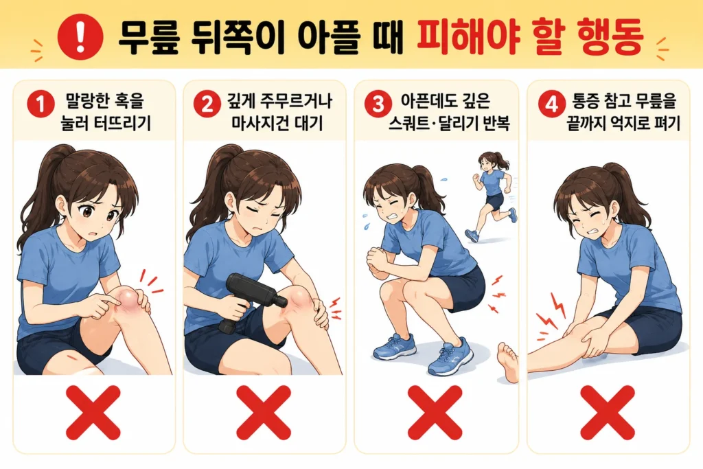 긴 갈색 머리의 20대 여성 대표캐릭터가 오금 통증이 있을 때 말랑한 혹을 눌러 터뜨리기, 깊게 주무르거나 마사지건 대기, 아픈데도 스쿼트·달리기 반복하기, 통증을 참고 무릎을 끝까지 억지로 펴는 행동을 피해야 한다고 보여주는 4칸 경고 이미지