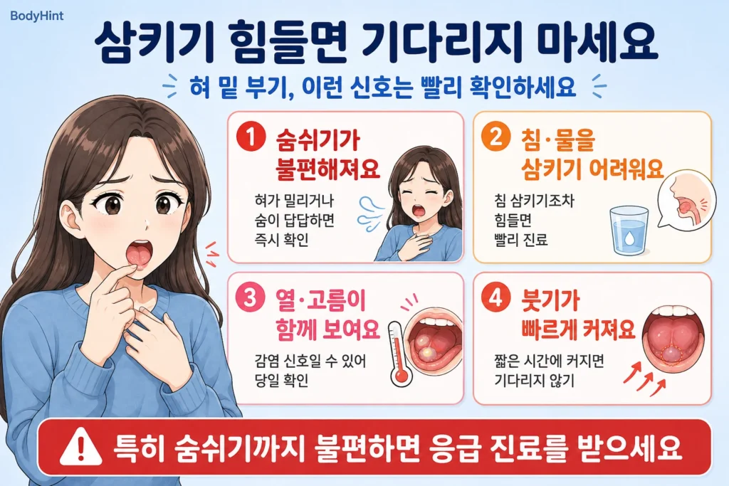 혀 밑이 부었을 때 숨쉬기 불편, 침·물 삼키기 어려움, 열·고름, 빠르게 커지는 붓기 등 기다리지 말아야 할 신호를 대표캐릭터와 함께 정리한 이미지
