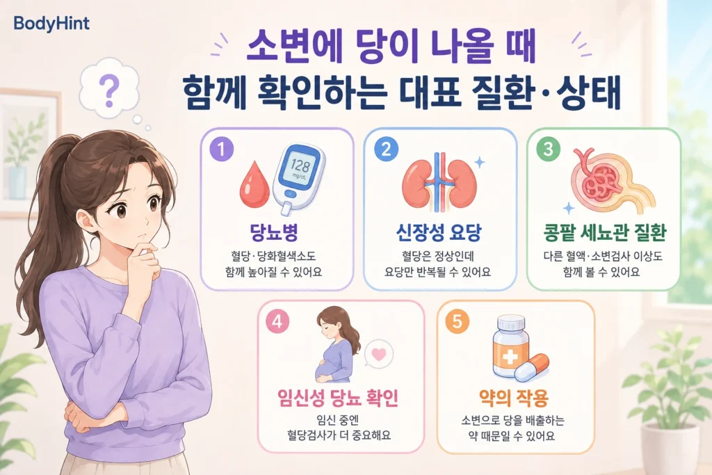 소변에 당이 나올 때 함께 확인하는 당뇨병, 신장성 요당, 콩팥 세뇨관 질환, 임신성 당뇨 확인 상황과 약의 작용을 정리한 안내 이미지