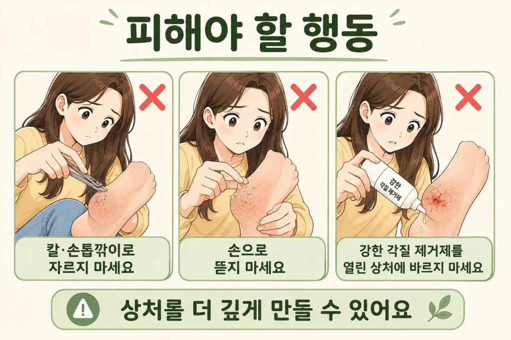 발뒤꿈치가 갈라졌을 때 칼이나 손톱깎이로 각질을 자르거나, 들뜬 피부를 손으로 뜯거나, 열린 상처에 강한 각질 제거제를 바르지 말아야 한다는 피해야 할 행동 3가지 이미지