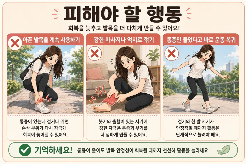 발목을 접질린 뒤 통증이 있는데 계속 걷거나 뛰지 말고, 다친 발목을 강하게 마사지하거나 억지로 꺾지 않으며, 통증만 줄었다고 바로 운동에 복귀하지 말아야 한다는 피해야 할 행동 3가지 이미지 