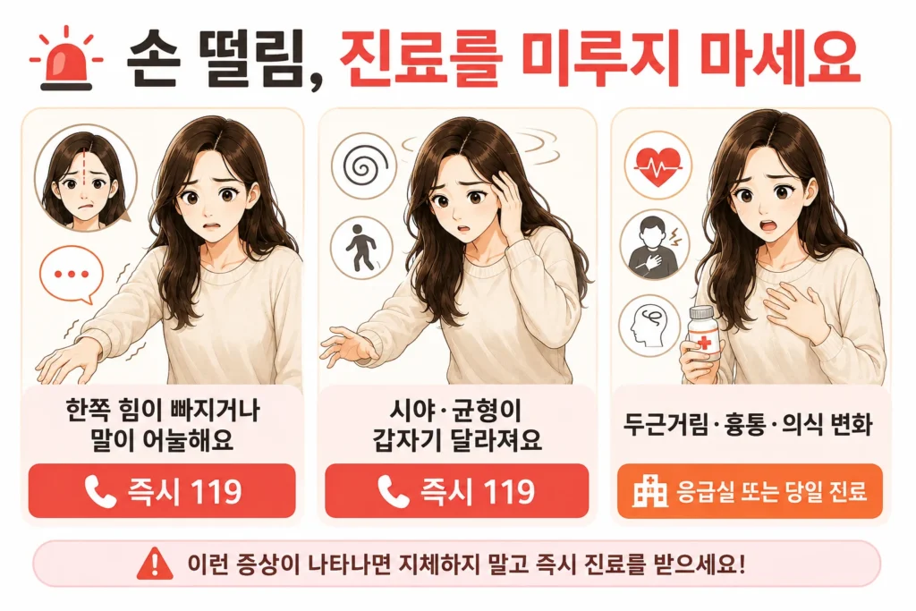 손 떨림과 함께 한쪽 얼굴이나 팔의 힘 빠짐·말 어눌함, 갑작스러운 시야·균형 변화, 심한 두근거림·흉통·의식 변화가 나타나면 빠르게 진료받아야 한다는 내용을 대표 여성 캐릭터로 보여주는 이미지