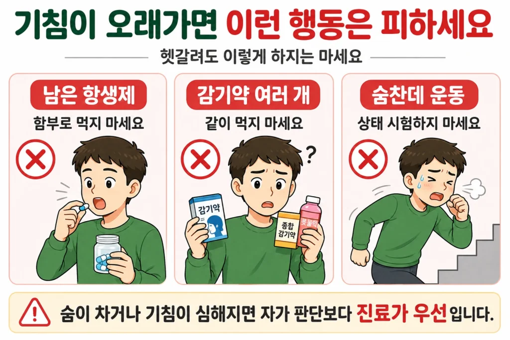 기침이 오래갈 때 남은 항생제 임의 복용, 여러 감기약 동시 복용, 숨찬 상태에서 운동으로 상태를 시험하는 행동을 피해야 한다는 내용을 대표 남성 캐릭터로 보여주는 이미지 
