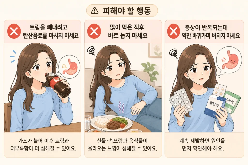 트림이 자주 날 때 탄산음료로 트림을 빼내기, 많이 먹은 직후 바로 눕기, 증상이 반복되는데 약만 바꿔가며 버티기를 피해야 한다는 내용을 여성 캐릭터로 설명한 이미지