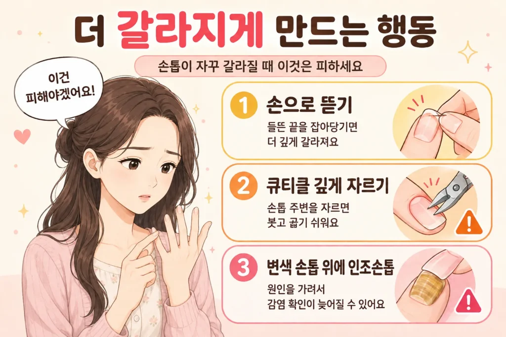 긴 갈색 머리를 반묶음한 여성이 손톱을 살펴보는 모습과 손으로 뜯기, 큐티클 깊게 자르기, 변색 손톱 위에 인조손톱을 붙이는 피해야 할 행동