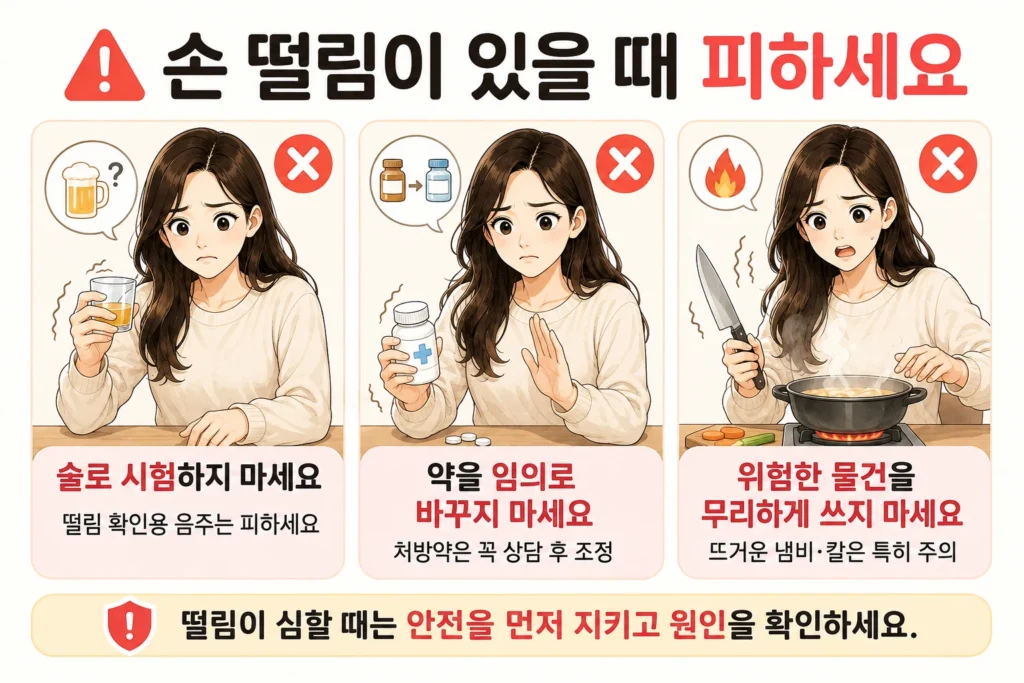 손 떨림을 술로 시험하는 행동, 처방약을 임의로 바꾸는 행동, 떨리는 손으로 뜨거운 냄비나 칼 같은 위험한 물건을 무리하게 사용하는 행동을 피해야 한다는 내용을 대표 여성 캐릭터로 보여주는 이미지