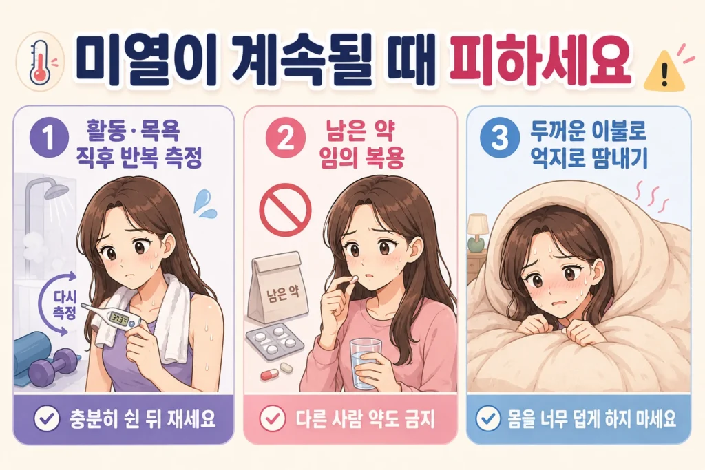 미열이 계속될 때 활동·목욕 직후 체온을 반복 측정하는 행동, 남은 약을 임의로 복용하는 행동, 두꺼운 이불로 땀을 억지로 내는 행동을 피해야 한다는 내용을 대표 여성 캐릭터로 보여주는 이미지