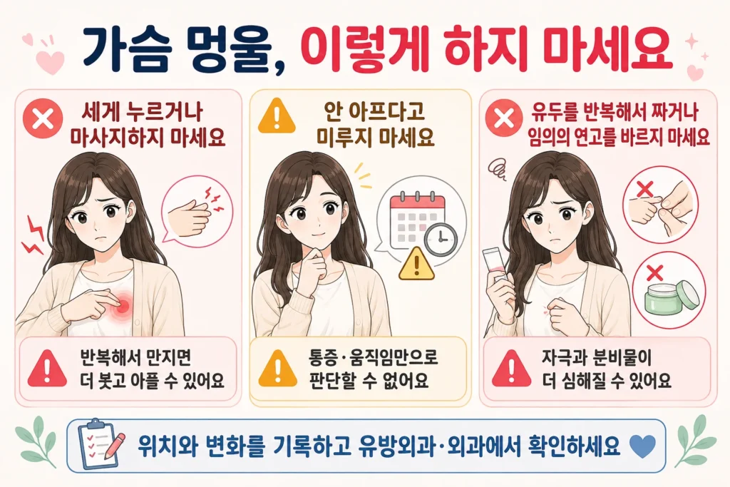 가슴 멍울을 세게 누르거나 마사지하는 행동, 아프지 않다고 진료를 미루는 행동, 유두를 반복해서 짜거나 임의의 연고를 바르는 행동을 피해야 한다는 내용을 대표 여성 캐릭터로 보여주는 이미지