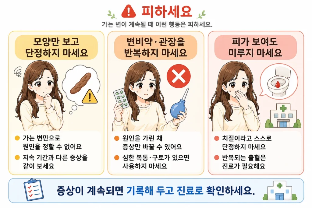 가는 변이 계속될 때 변 모양만 보고 원인을 단정하는 행동, 변비약·관장을 반복해서 사용하는 행동, 피가 보여도 치질이라고 생각해 진료를 미루는 행동을 피해야 한다는 내용을 대표 여성 캐릭터로 보여주는 이미지