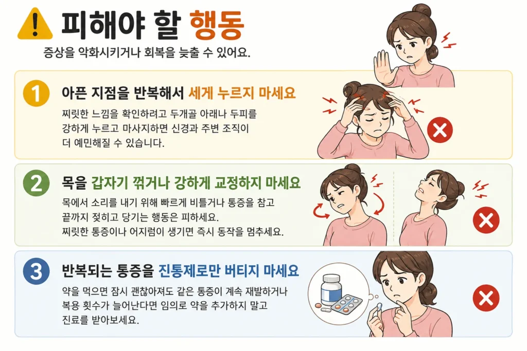 뒤통수가 찌릿할 때 아픈 지점을 반복해서 세게 누르기, 목을 갑자기 꺾거나 강하게 교정하기, 반복되는 통증을 진통제로만 버티기를 피해야 한다는 내용을 여성 캐릭터로 설명한 이미지