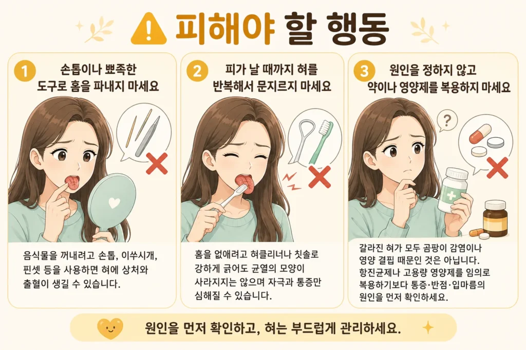 혀가 갈라졌을 때 손톱이나 뾰족한 도구로 홈을 파내기, 피가 날 때까지 혀를 반복해서 문지르기, 원인을 확인하지 않고 약이나 영양제를 복용하기를 피해야 한다는 내용을 여성 캐릭터로 설명한 이미지